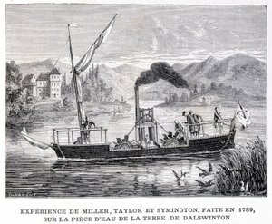 1789年にDalswintonの土地の水の部分で行われたMiller、Taylor、Symingtonの経験 - 1896年の "Album of Science; illustrious scholars; Great Discoveries "に掲載。 作： French School