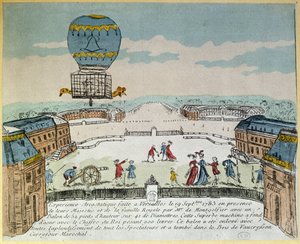 1783年9月19日、モンゴルフィエ兄弟のベルサイユで、コック、アヒル、羊のモンゴルフィエール熱気球に乗って実験 作： French School