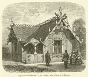 1867年の万国博覧会、イスバ、ロシアの茅葺きコテージ（エングレービング 作： French School