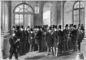 マック・マホン（Mac Mahon）のマレシャルの大統領任期延長、フランスにおけるセプテナの設立、1873年11月：プロローグの審議日、ヴェルサイユ議会の入り口ドアの様子。左から 作： French School