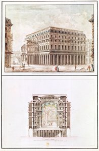 Theater de Varietesの外観と内部の断面図、6 rue de Richelieu 作： French School