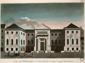 ホスピス・サンジャックの外観、1800年頃（色付きの彫刻） 作： French School