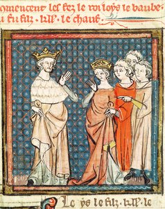 F.180rルイ2世の結婚（846-79）アクロテーヌの女王、グランドクロニクスドフランス1375-79のスタウルメラーとフリウルのアデレード 作： French School