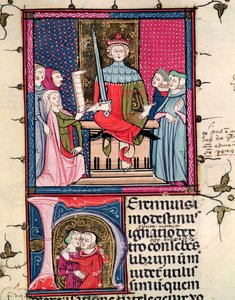 F.39r夫婦法、法廷に現れる不貞の妻、FortiatumのJustinianiから 作： French School