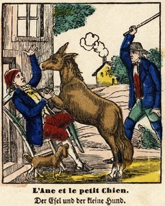 ラ・フォンテーヌの寓話：ロバと小犬。エピナルの画像、19世紀前半 作： French School