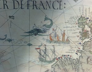 捕鯨のファクシミリとサンブランドン島の詳細、ピエールデセリエによるポルトランマップの詳細、1546、エドメフランソワジョマール（1777〜1862）によって地理学の記念碑で公開