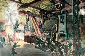 工場です。"Le hamteau drummer (hammer-drummer) des forges du Creusot in 1865" 1865年頃のエングレーヴィング。個人蔵 作： French School
