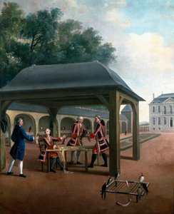 狩猟用のハヤブサを飼育する鷹狩り。18世紀のフランス派の絵画。ヴェルサイユ、城の美術館 作： French School
