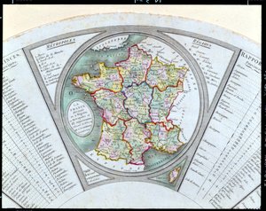 フランスの地図を9つの地域、10の大都市、83の部門に分割して描いたファン、1790年