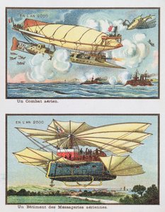 空中戦と2000年の貨物輸送用航空機の幻想的な描写、1910年頃 作： French School