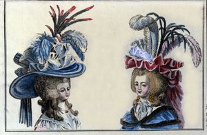 ファッション18世紀：1787年頃のフランス女性のヘアスタイルと帽子。 作： French School