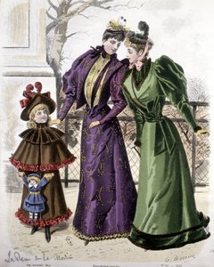 ファッション：2人の女性と、人形を抱えた少女。1892 作： French School