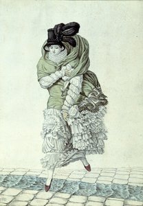 1811年に下水道を横切る女性を描いたファッションプレート（カラー彫刻） 作： French School