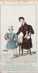 父と息子の衣装を描いたファッションプレート、「Petit Courrier des Dames」の広告 作： French School