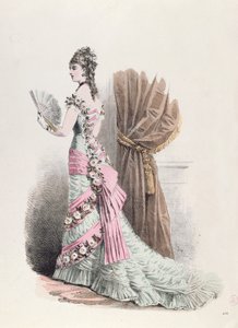 イブニングドレスとファンを持つ女性のファッションプレート、1877年（カラー彫刻） 作： French School