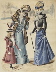 大通りのファッションプレート、ラヌーヴェルモードのイラスト、1897年（カラー彫刻） 作： French School