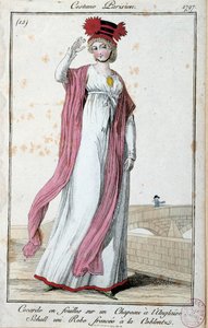 直轄領時代のファッション：パリのスーツを着た上品な若い女性：英国製の帽子にシーツのコカルド、ドレスはコブレンツでしかめっ面。匿名のエングレーヴィング。1797年 パリ、衣装博物館 作： French School