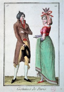 名簿下のファッション：エレガントなカップル、女性は庭師に帽子をかぶせている。1795年のエングレーヴィング。パリ、衣装博物館 作： French School