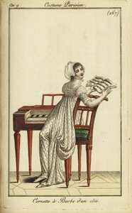 チェンバロを弾くファッショナブルな女性 作： French School