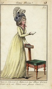 椅子を持つファッショナブルな女性 作： French School