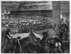 1790年7月14日、バスティーユ捕囚の1周年記念日にパリのシャン・ド・マルスで行われた連邦軍の饗宴。モーリス・ラシャトレ著「Histoire des Papes-Rois-Queen and Empereurs a travers les centuries」に掲載されている図版