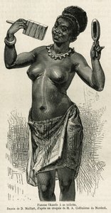 アルフレッド・マルシェが1875年から1877年にかけて行ったガボンとオゴエ川への旅の物語を説明するために描かれたD.Maillardの絵。Le tour du monde』に掲載された版画 作： French School