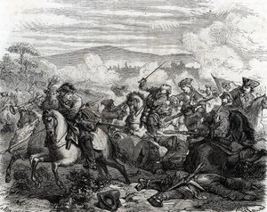 1706年トリノの戦いで瀕死の重傷を負ったフェルディナン・ド・マルサン(エングレービング) 作： French School