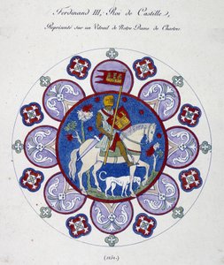 シャルトルのノートルダム寺院のステンドグラス（1252年）に描かれたカスティーリャ王フェルナン3世。大学の模写。 作： French School