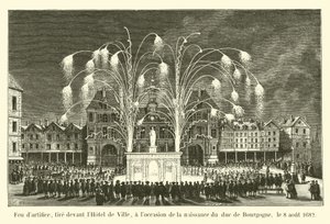 1682年8月8日、ブルゴーニュ公の誕生の際に市庁舎の前で発射された花火 作： French School
