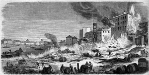 1860年8月5日のベルシーのワイン倉庫の火災。1860年8月11日付の "Le Monde Illustré "174号に掲載されたエングレーヴィング。 作： French School