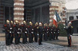パリの消防士。国旗に敬礼。1892年の "Album militaire scene de la vie du soldat, firemen de Paris "に収録されています。