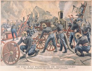 1905年のルプティジャーナルより、バランクールの製紙工場で消防士が消火活動を行った 作： French School