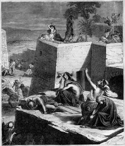 第一回十字軍（1096〜1099年）。ドイツ十字軍はハンガリー人を打ち破り、都市に火を放った。モーリス・ラシャトレ著「Histoire des Papes-Rois-Queen and Empereurs a travers les centuries」に掲載されている図版 作： French School
