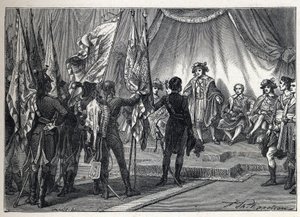 初の連立政権。ヨアヒム・ムラット（1767-1815）が、ナポレオン・ボナパルトが指揮するフランス軍がイタリア遠征中に征服した旗を執行委員会に提出。1889年のエングレーヴィング。個人蔵。 作： French School