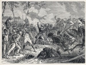 初の連立。ラザロ・ニコラ・マルグリット・カルノー（1753-1823）は、1793年10月16日、オーストリア軍に対抗するフランス軍とのワティニェスの戦いの中で