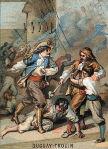 Rene Duguay Trouin (Duguay-Trouin) (Rene Trouin du Gue dit) (1673-1736)の最初の偉業、フランスの船乗り。Duguay - Trouin combattant Wassenaer（1695年）。シリーズ「映像による愛国教育」のクロモリトグラフ。 作： French School