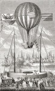 1784年に出版されたフルジェンスマリオンによる「素晴らしいバルーンアセントまたは空の征服」からの1784年6月12日のディジョンからの飛行可能な気球を使った最初の飛行 作： French School