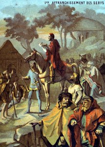 ルイ10世による農奴の第一次解放（1315年）。「イメージによる愛国教育」シリーズのクロモリトグラフ。 作： French School