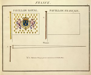 フランスの王、ルイ18世とチャールズ11世の旗、パビヨンデプシスサンスマリタイム（カラー彫刻） 作： French School