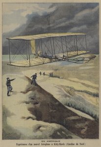 ノースカロライナ州キティホークでのライト兄弟の飛行機の飛行（カラーリトグラフ 作： French School