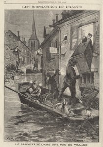 フランスの洪水：ボートを使って浸水した家から持ち物を救出する村の住民たち 作： French School
