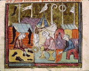 Fol.122vセントデニス近くのレンディフェアでの商人、Grandes Chroniques de France、1375-79
