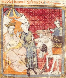 Fol。133r Roland Bidding Farewell to Charlemagne（742-814）、Grandes Chroniques de France、1375-79 作： French School