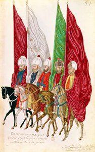 Fol。41「シニョールから戦争までの基準を満たした標準を持つ男性」から「Meurs et Costumes des Pays Orientales et Habillements de Differents Pays」、1513年のオリジナルのコピー 作： French School