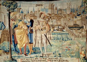 パリ市立大学の財団フランソワ1世（1494-1547）は、1527年に捕虜生活から戻った際、パリに恒久的な首都を置くことを決定しました。アラスの工房で作られた「ガウルス人の素晴らしい歴史」のタペストリー。1530年 ボーヴェ、デプトム 作： French School
