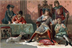 気晴らしに、フランス王シャルル6世（1368-1422）はトランプをしていたそうです。1890年頃のクロモリトグラフ。