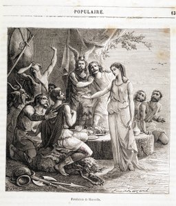マルセイユの創設：紀元前600年、ギリシア人船員によってフランスの都市は創設された。 アンリ・マルタンによる「Histoire de France populaire」の中のエングレーヴィング。19世紀 作： French School