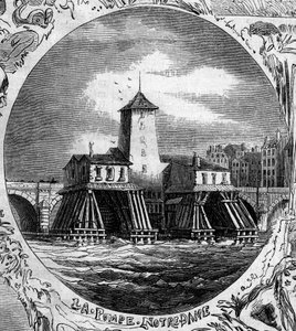 パリの噴水：ポンペ・ノートルダム寺院（1676年）の眺め。この水圧ポンプは1858年に取り壊された。2月22日付「Le Monde Illustré」254号に掲載された図版