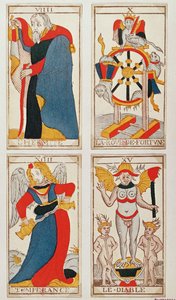 隠者、運命の輪、禁酒法、悪魔を描いた4枚のタロットカード（色の木版画） 作： French School