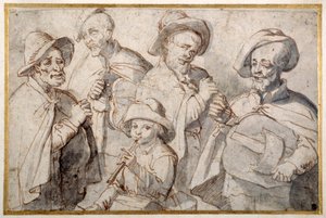 4人のハーディガーディ奏者とパイプを持った少年 1650-99年頃（紙にペンとインク